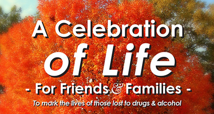 A Large Tree covered in Autumnal orange Leaves, with the wording "A celebration of Life, For friends and family to mark the lives of those lost to drugs and alcohol